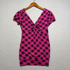 Janette Tunic Top Womens Small Pink Black Buffalo Plaid Y2K V-Neck Knotted Waist
